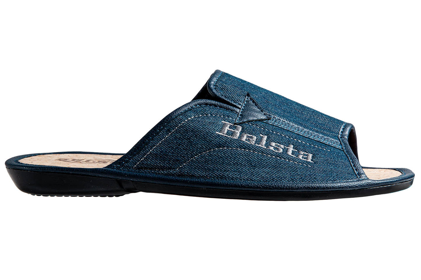 Мъжки отворени чехли BELSTA от тъмносин деним с бродерия и еко кожа\Men’s Open Slippers BELSTA from Dark Blue Denim with Embroidery and Eco-Leather Insert