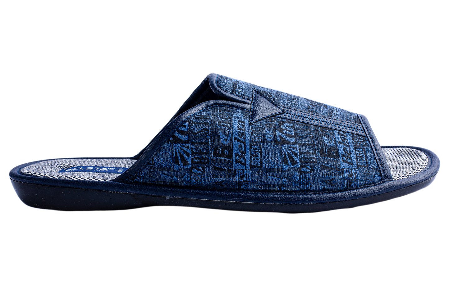 Мъжки отворени чехли BELSTA от тъмносин текстил с принт „вестник“\Men's Open Slippers BELSTA from Dark Blue Textile with Newspaper Print