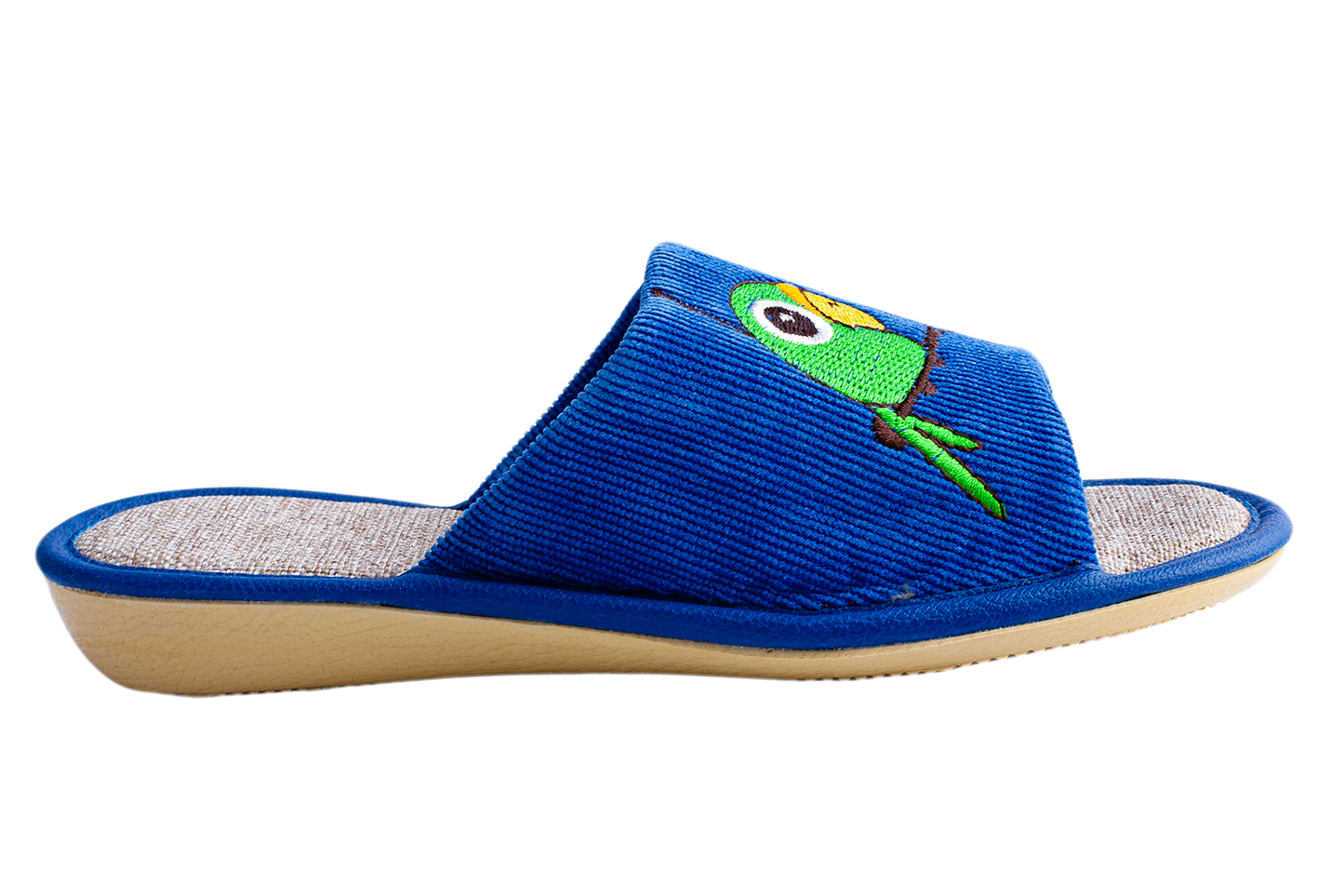 Детски отворени пантофи BELSTA от син велвет с бродерия папагал/Kids' Open Slippers BELSTA from Blue Velvet with Parrot Embroidery