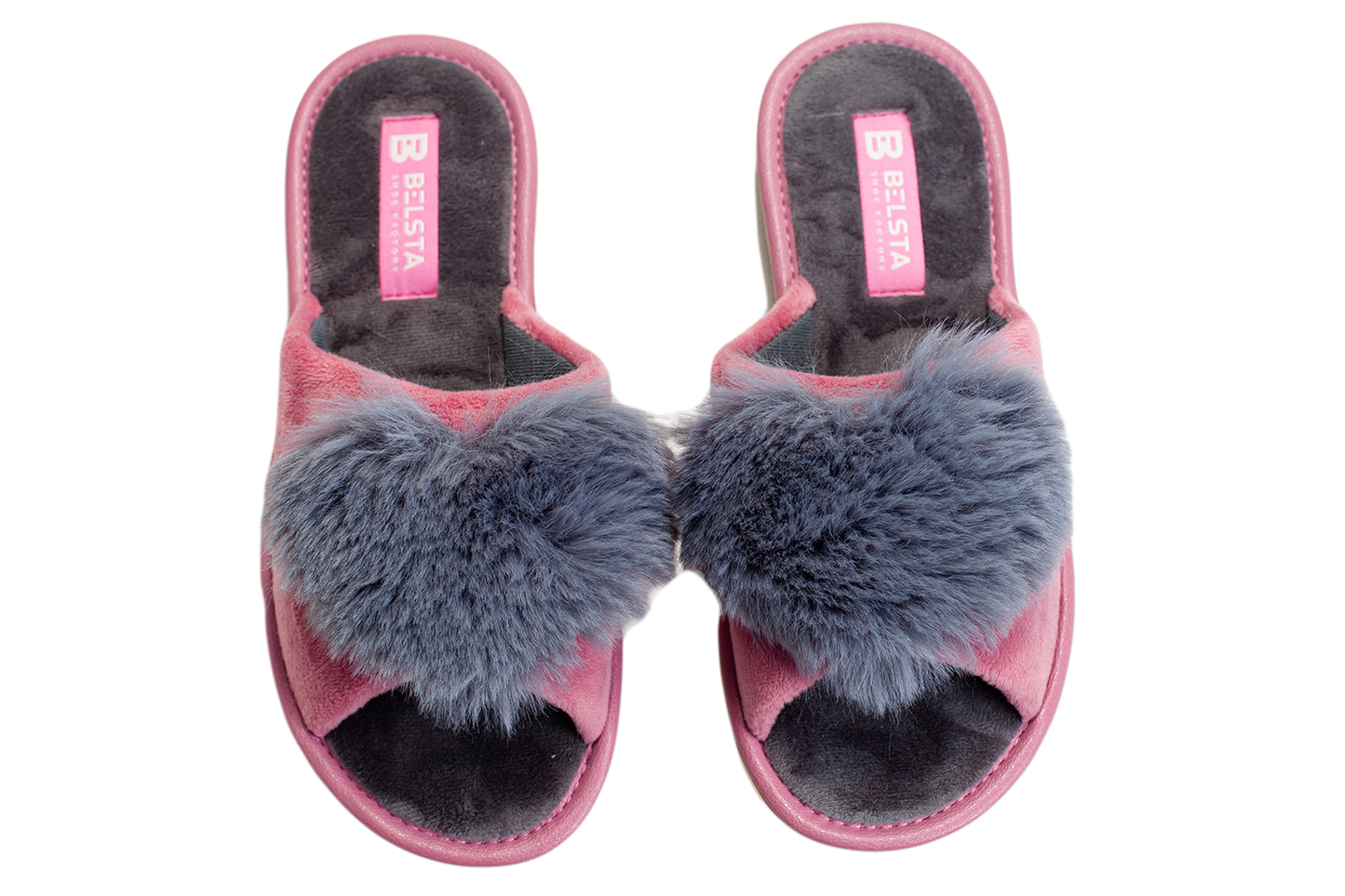 Отворени дамски чехли BELSTA от велур декориран с косъм