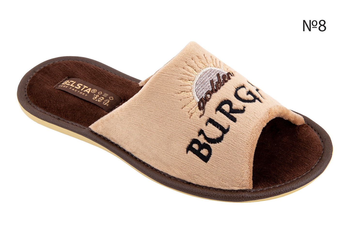 Дамски отворени пантофи BELSTA от велур с бродерия BURGAS/Women's Open Slippers BELSTA Made of Velour with BURGAS Embroidery