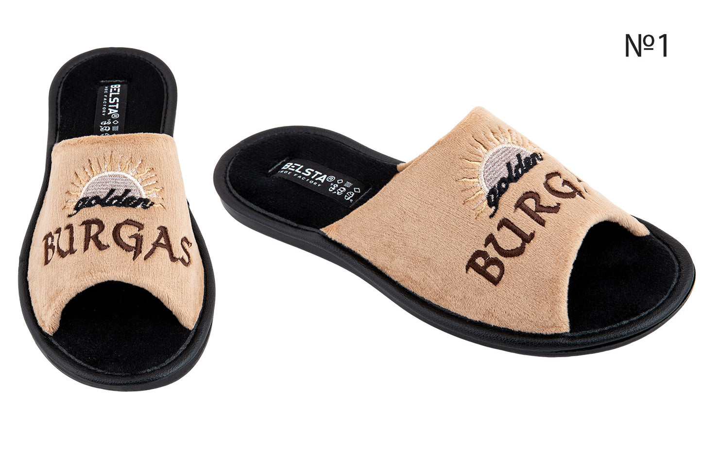 Дамски отворени пантофи BELSTA от велур с бродерия BURGAS/Women's Open Slippers BELSTA Made of Velour with BURGAS Embroidery