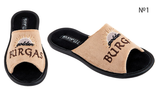 Дамски отворени пантофи BELSTA от велур с бродерия BURGAS/Women's Open Slippers BELSTA Made of Velour with BURGAS Embroidery