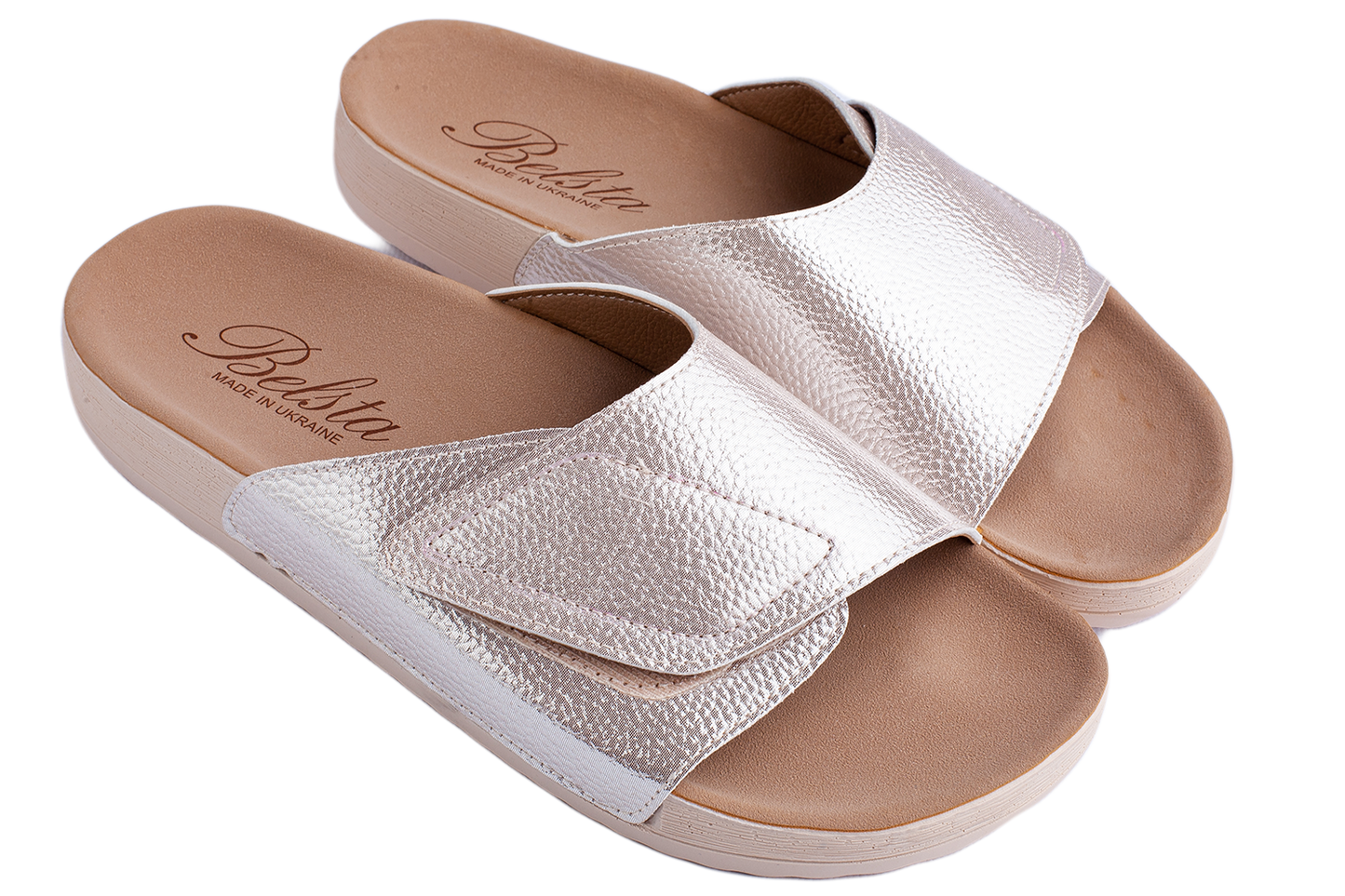 Дамски отворени чехли BELSTA от еко кожа в сребристо-бял цвят с велкро\Women’s Open Slippers BELSTA from Silver-White Eco-Leather with Velcro
