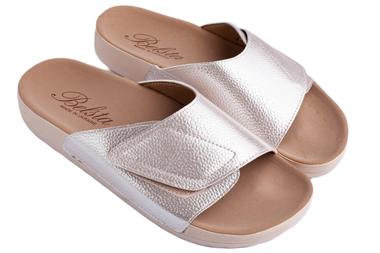 Дамски отворени чехли BELSTA от еко кожа в сребристо-бял цвят с велкро\Women’s Open Slippers BELSTA from Silver-White Eco-Leather with Velcro