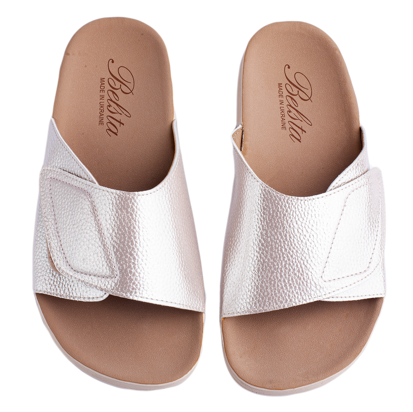Дамски отворени чехли BELSTA от еко кожа в сребристо-бял цвят с велкро\Women’s Open Slippers BELSTA from Silver-White Eco-Leather with Velcro