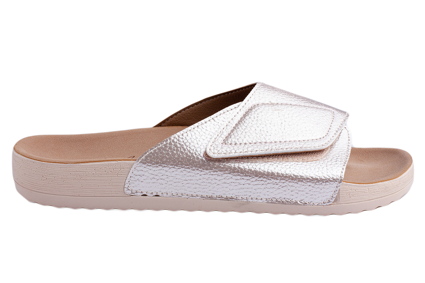 Дамски отворени чехли BELSTA от еко кожа в сребристо-бял цвят с велкро\Women’s Open Slippers BELSTA from Silver-White Eco-Leather with Velcro