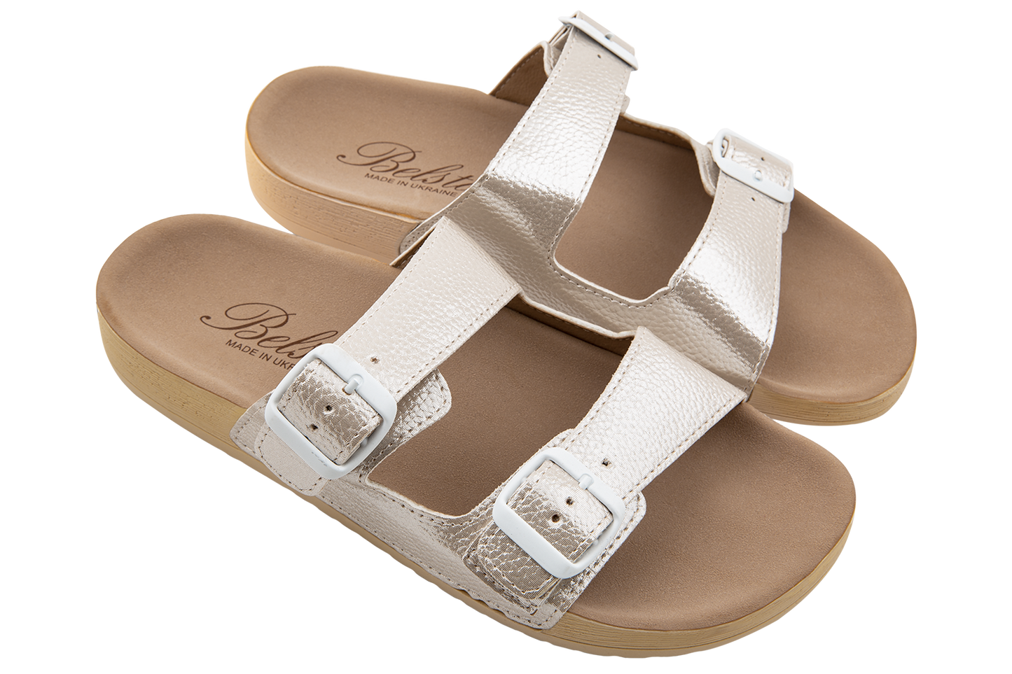 Дамски летни отворени чехли BELSTA от еко кожа в сребристо-бежов цвят\Women's Summer Open Slippers BELSTA from Silver-Beige Eco-Leather