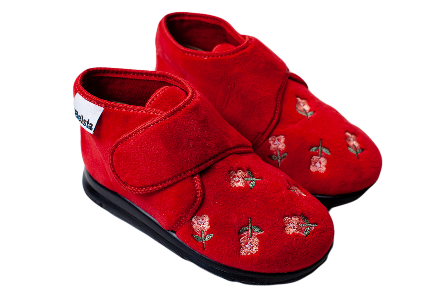 Детски затворени ботинки BELSTA от червен велур с лепенка/Children's Closed BELSTA Boots in Red Velvet with Velcro