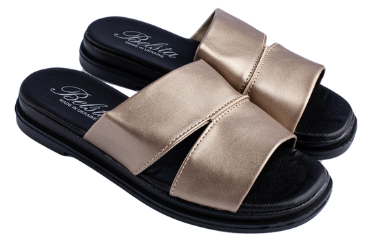 Дамски отворени чехли BELSTA от еко кожа в сребристо-бежов цвят/Women's Open Slippers BELSTA from Eco-Leather in Silver-Beige Color