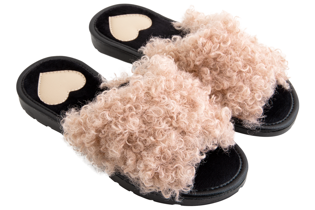Women's fluffy open-toe slippers BELSTA made of eco-sheepskin