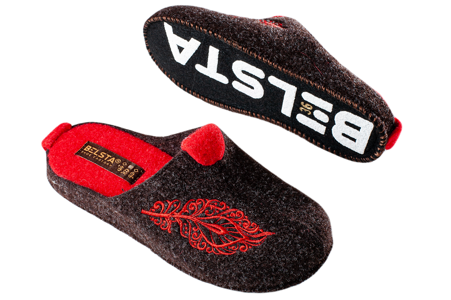 Дамски затворени пантофи BELSTA от италиански филц с бродерия „Перо“/Women’s Closed Italian Felt BELSTA Slippers with Feather Embroidery