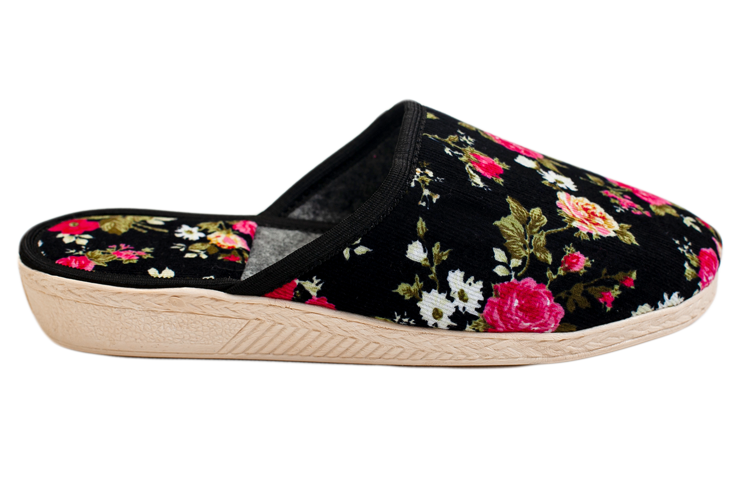 Дамски затворени пантофи BELSTA от черен велвет/Women's Closed Slippers BELSTA from Black Velvet with Pink Floral Prin