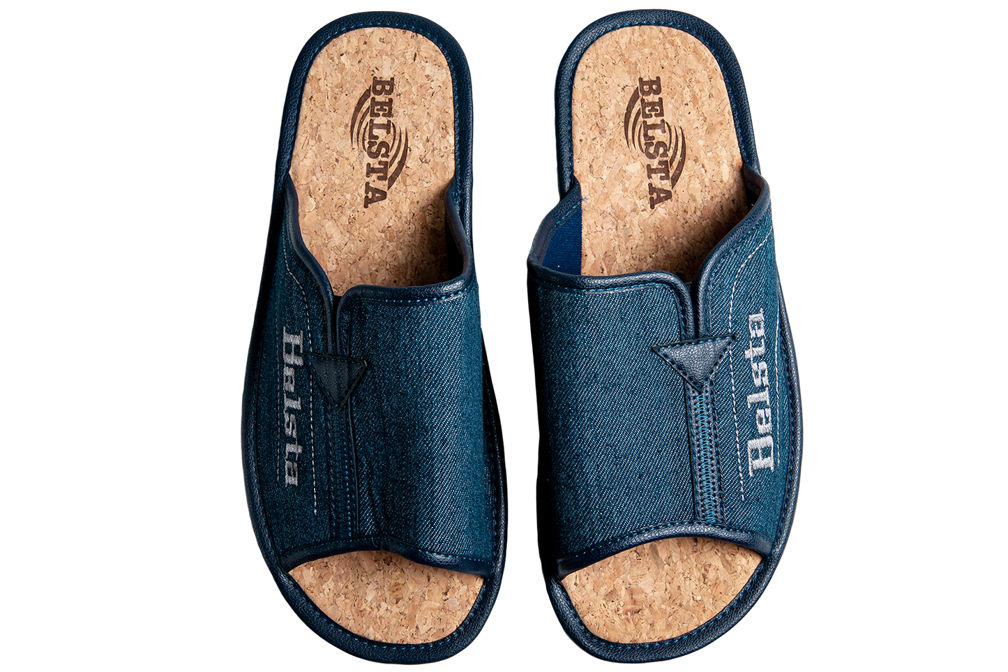 Опаковка: Мъжки отворени чехли BELSTA от тъмносин деним с бродерия и еко кожа\Size set: Men’s Open Slippers BELSTA from Dark Blue Denim with Embroidery and Eco-Leather Insert