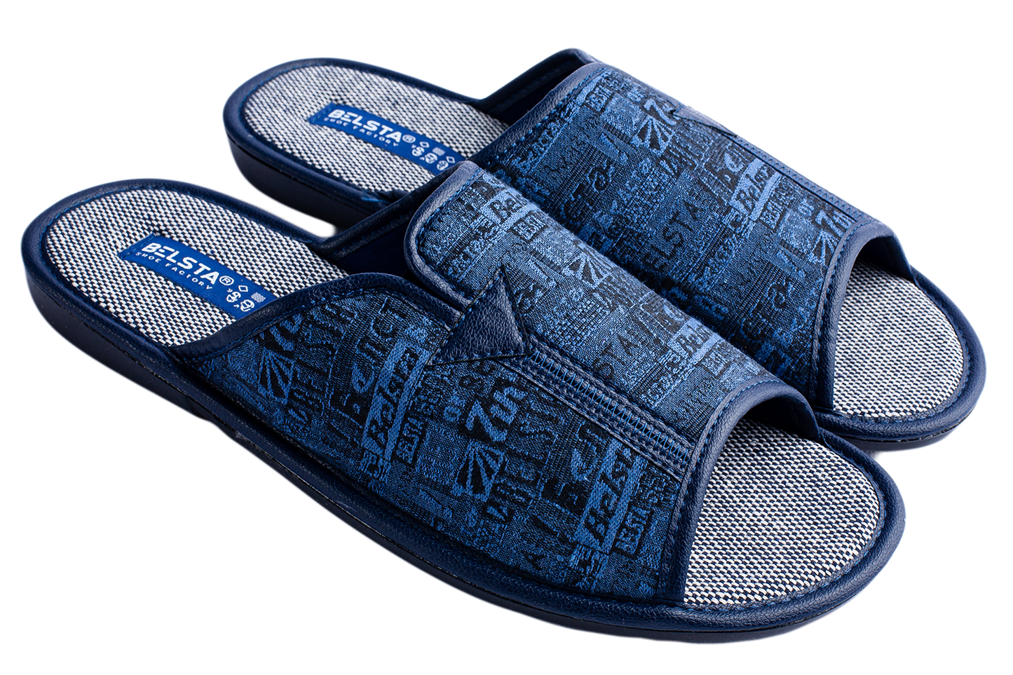Мъжки отворени чехли BELSTA от тъмносин текстил с принт „вестник“\Men's Open Slippers BELSTA from Dark Blue Textile with Newspaper Print