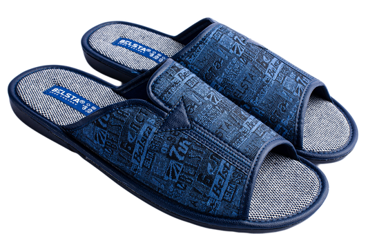 Мъжки отворени чехли BELSTA от тъмносин текстил с принт „вестник“\Men's Open Slippers BELSTA from Dark Blue Textile with Newspaper Print