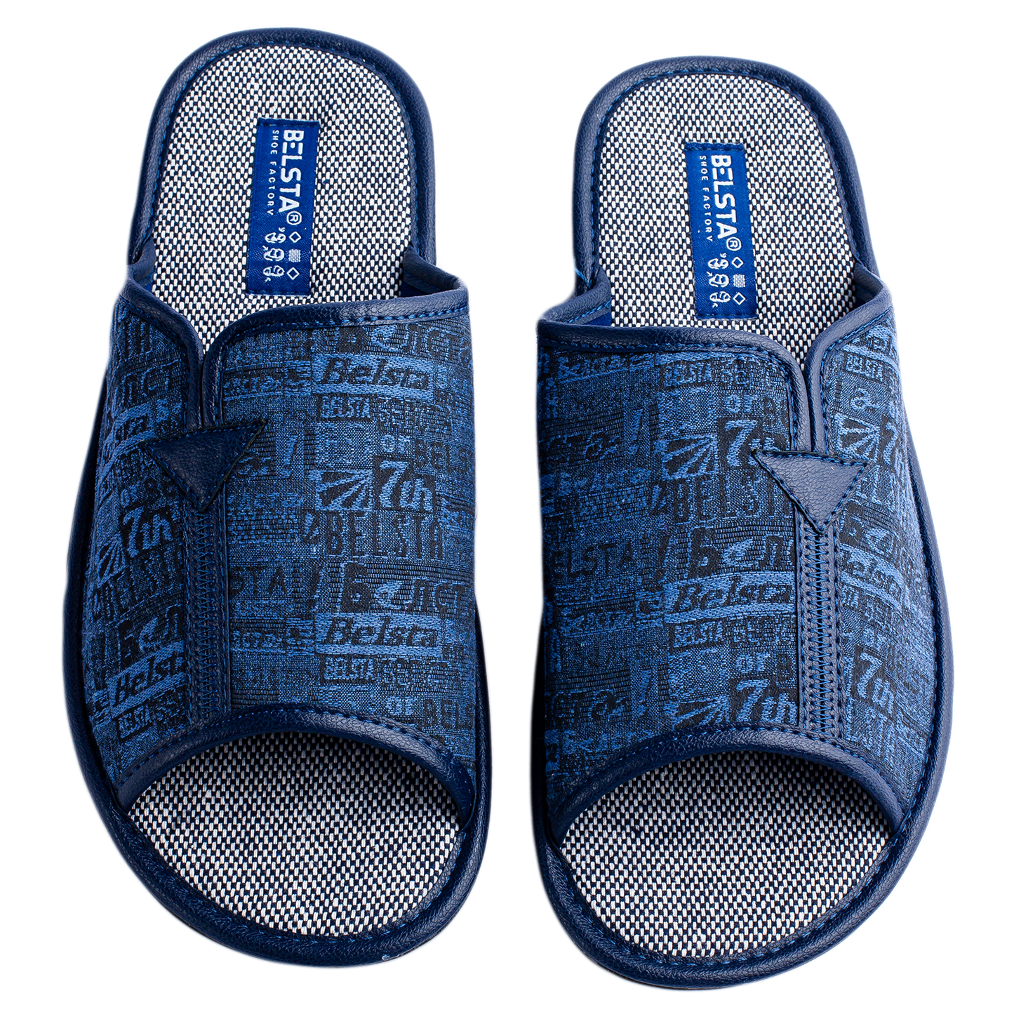 Мъжки отворени чехли BELSTA от тъмносин текстил с принт „вестник“\Men's Open Slippers BELSTA from Dark Blue Textile with Newspaper Print