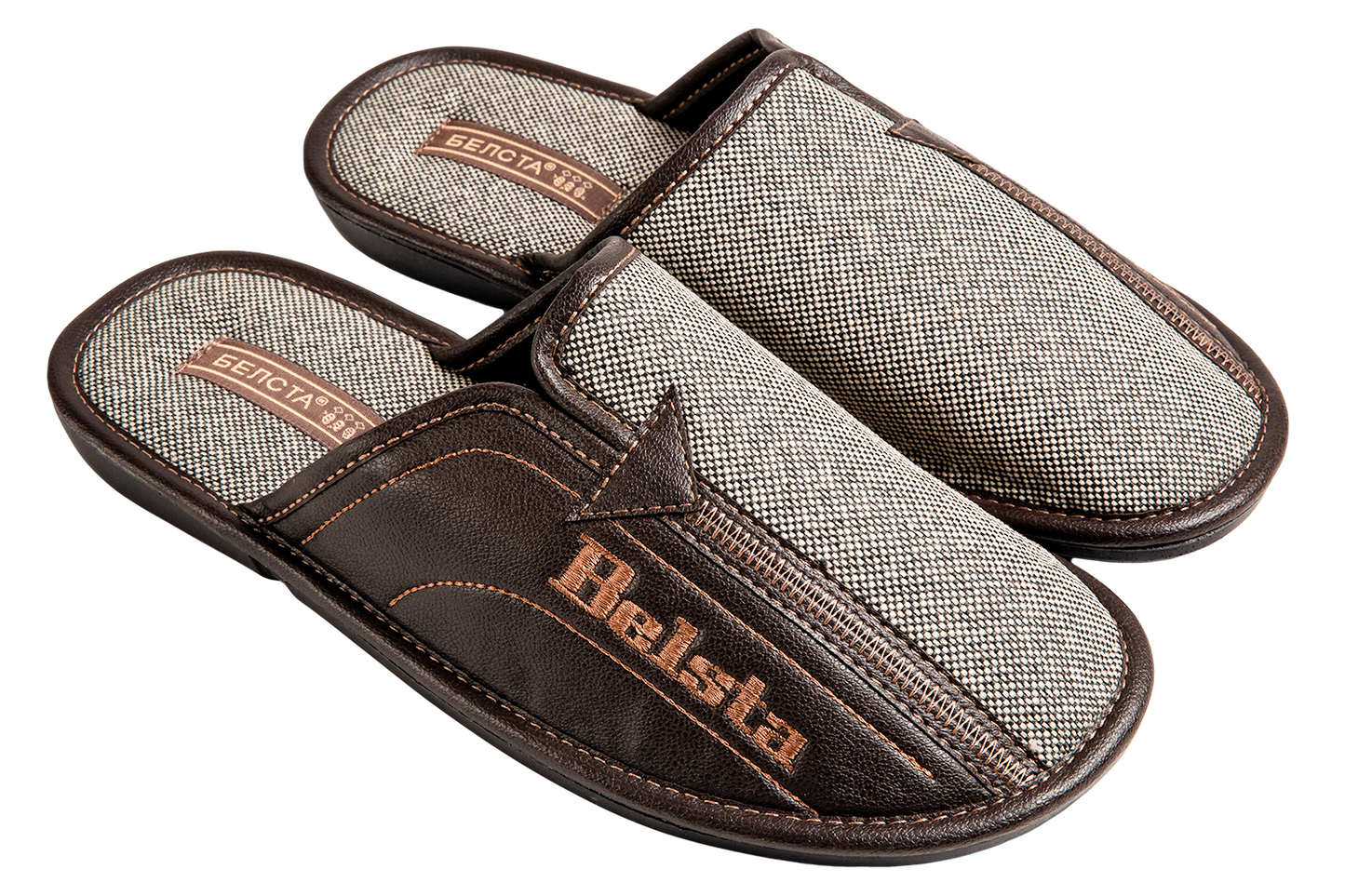 Мъжки затворени пантофи BELSTA от текстил с принт “вестник” и еко кожа/Men's Closed Slippers BELSTA from Newspaper Textile with Eco Leather Insert