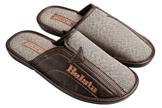Мъжки затворени пантофи BELSTA от текстил с принт “вестник” и еко кожа/Men's Closed Slippers BELSTA from Newspaper Textile with Eco Leather Insert