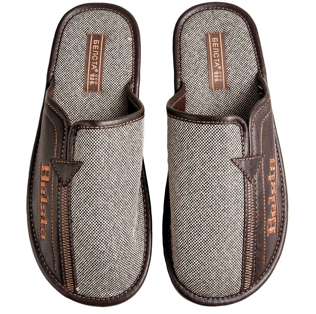 Мъжки затворени пантофи BELSTA от текстил с принт “вестник” и еко кожа/Men's Closed Slippers BELSTA from Newspaper Textile with Eco Leather Insert