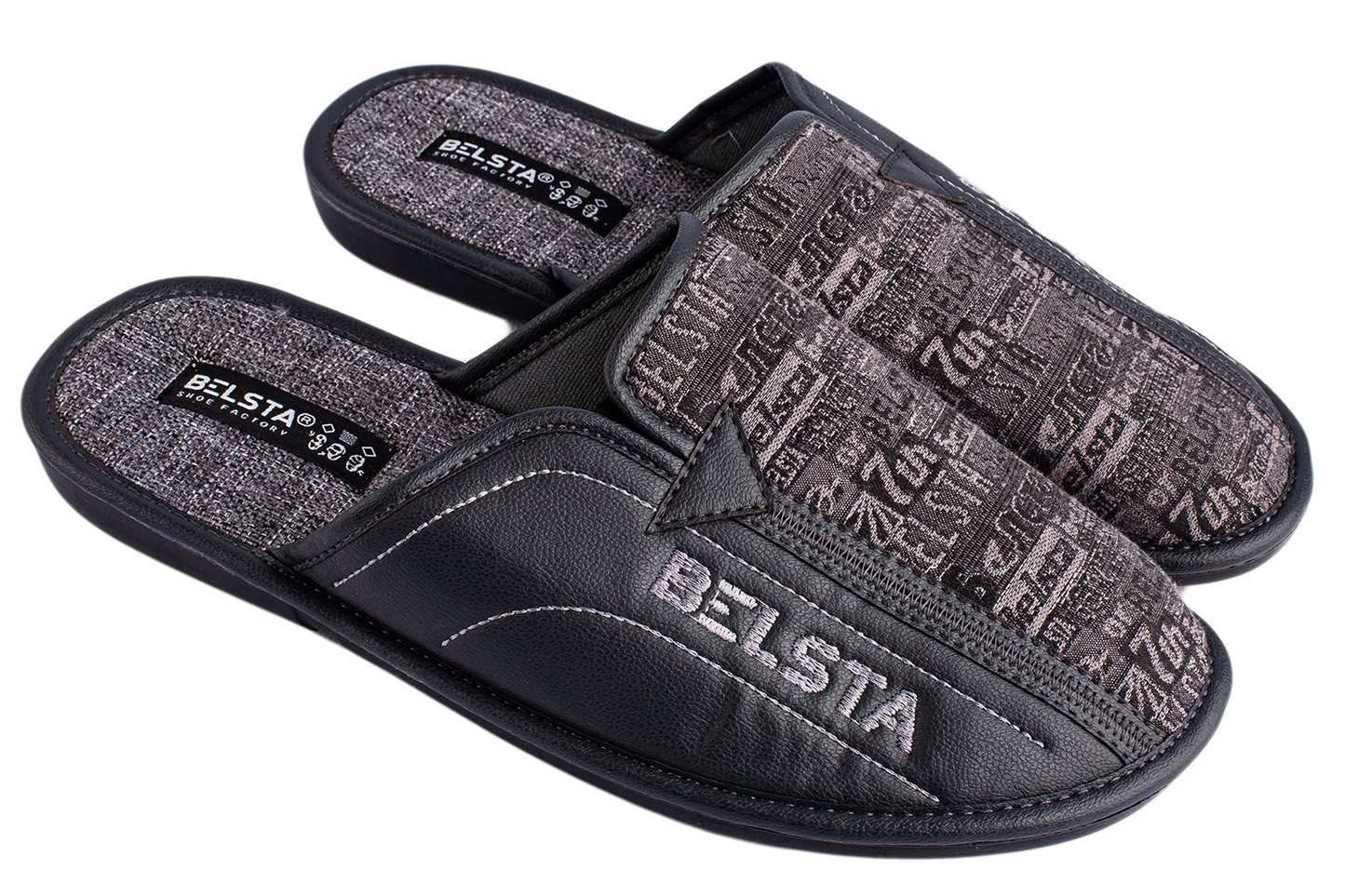 Мъжки затворени пантофи BELSTA от текстил с принт “вестник” и еко кожа/Men's Closed Slippers BELSTA from Newspaper Textile with Eco Leather Insert