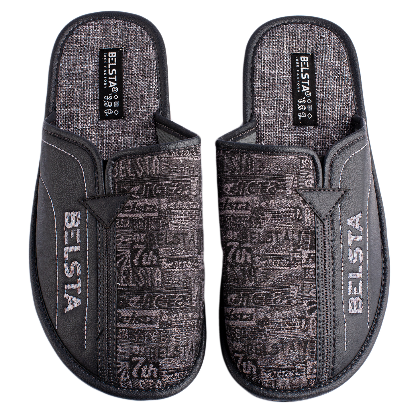 Мъжки затворени пантофи BELSTA от текстил с принт “вестник” и еко кожа/Men's Closed Slippers BELSTA from Newspaper Textile with Eco Leather Insert