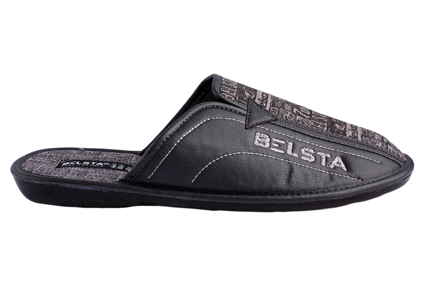 Мъжки затворени пантофи BELSTA от текстил с принт “вестник” и еко кожа/Men's Closed Slippers BELSTA from Newspaper Textile with Eco Leather Insert