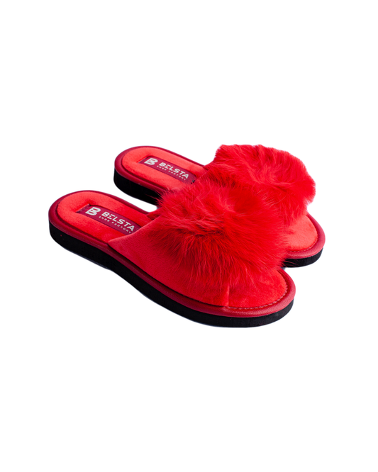 Детски отворени пантофи BELSTA от червен велур / Children's open slippers BELSTA made of red velor