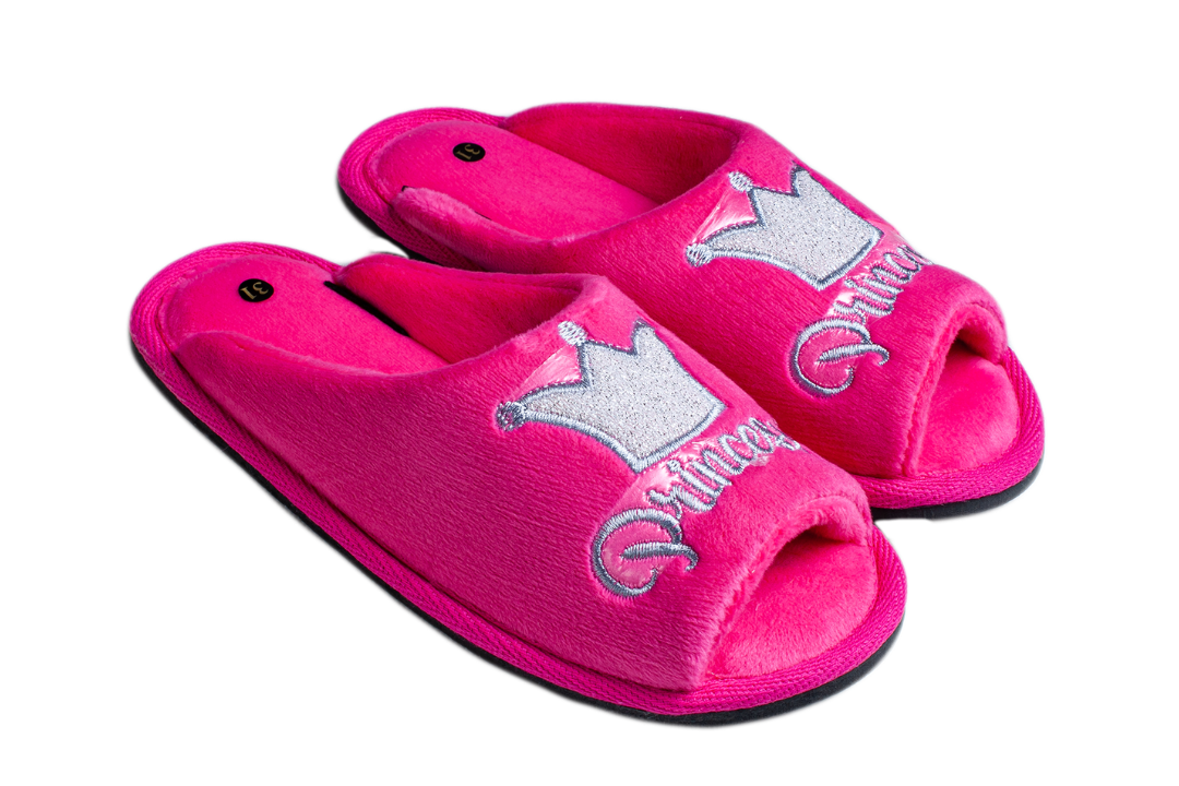 Детски отворени чехли BELSTA от розов велур с бродерия на корона/Children's Open BELSTA Slippers in Pink Velvet with Crown Embroidery