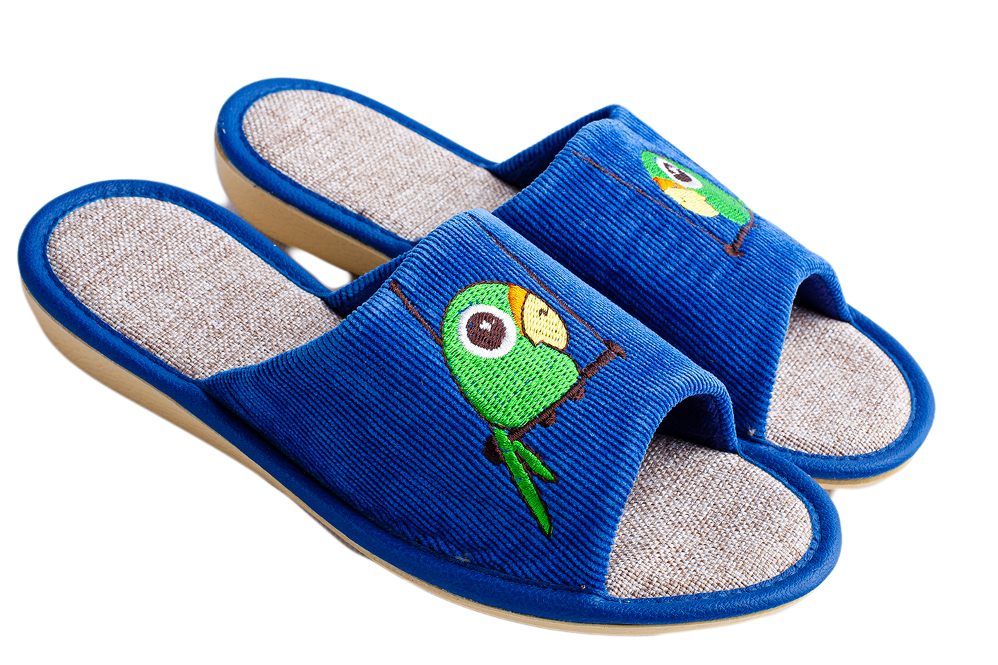 Детски отворени пантофи BELSTA от син велвет с бродерия папагал/Kids' Open Slippers BELSTA from Blue Velvet with Parrot Embroidery