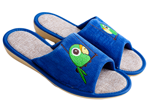 Детски отворени пантофи BELSTA от син велвет с бродерия папагал/Kids' Open Slippers BELSTA from Blue Velvet with Parrot Embroidery