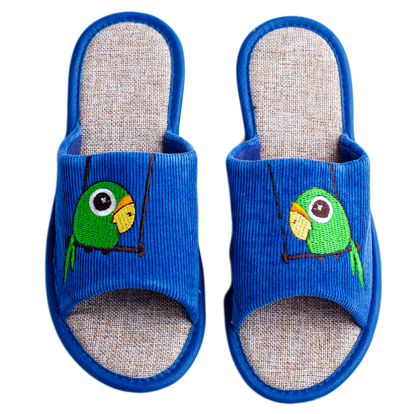 Детски отворени пантофи BELSTA от син велвет с бродерия папагал/Kids' Open Slippers BELSTA from Blue Velvet with Parrot Embroidery