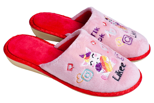 Детски чехли BELSTA от кафяв;розов велур с бродерия/Children's BELSTA Slippers in Brown;Pink Velour with Embroidery