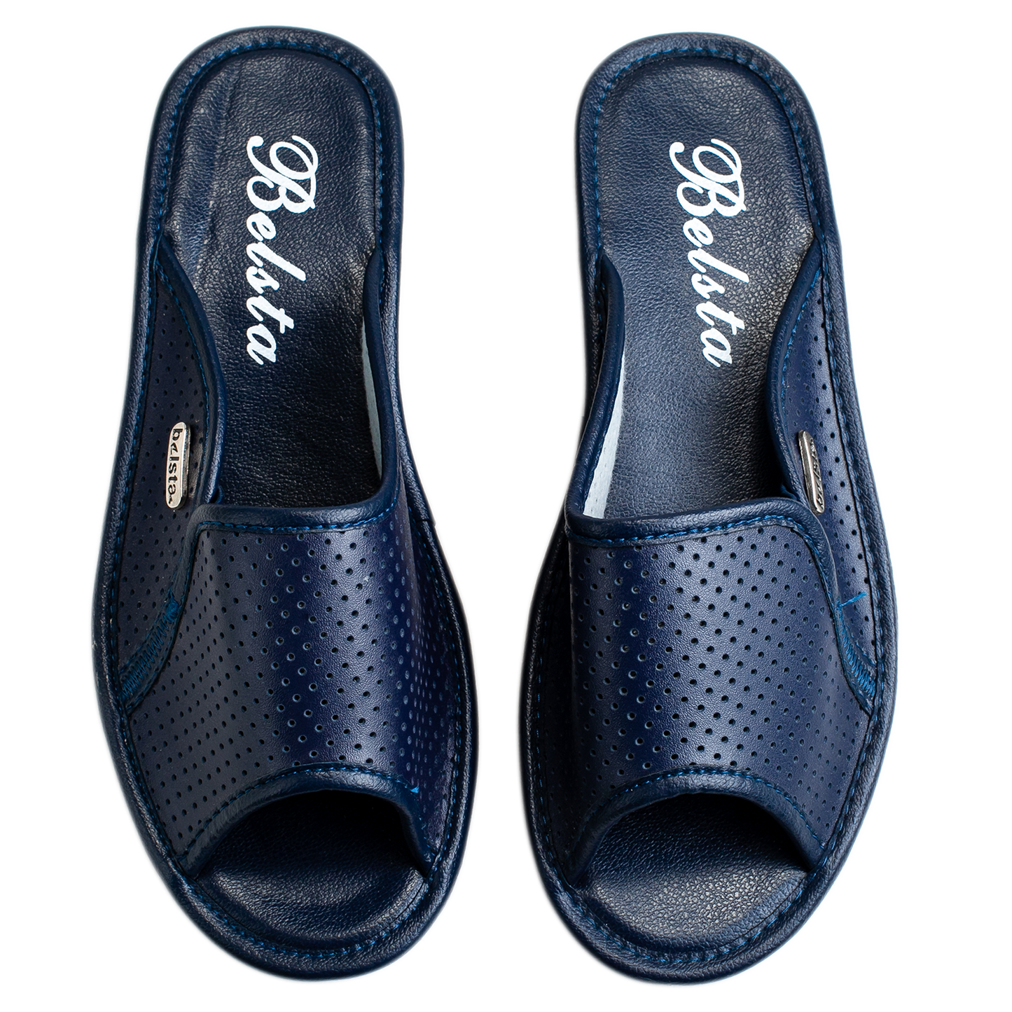Дамски отворени пантофи BELSTA от перфорирана тъмносиня еко кожа/Women's Open Slippers BELSTA from Perforated Dark Blue Eco-Leather