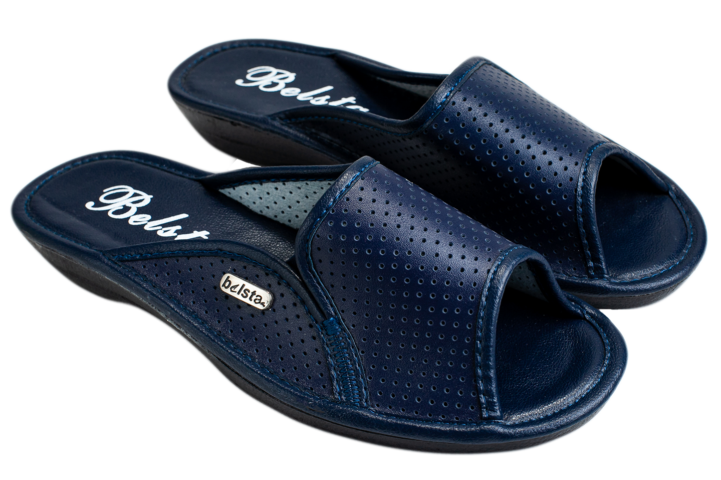 Дамски отворени пантофи BELSTA от перфорирана тъмносиня еко кожа/Women's Open Slippers BELSTA from Perforated Dark Blue Eco-Leather