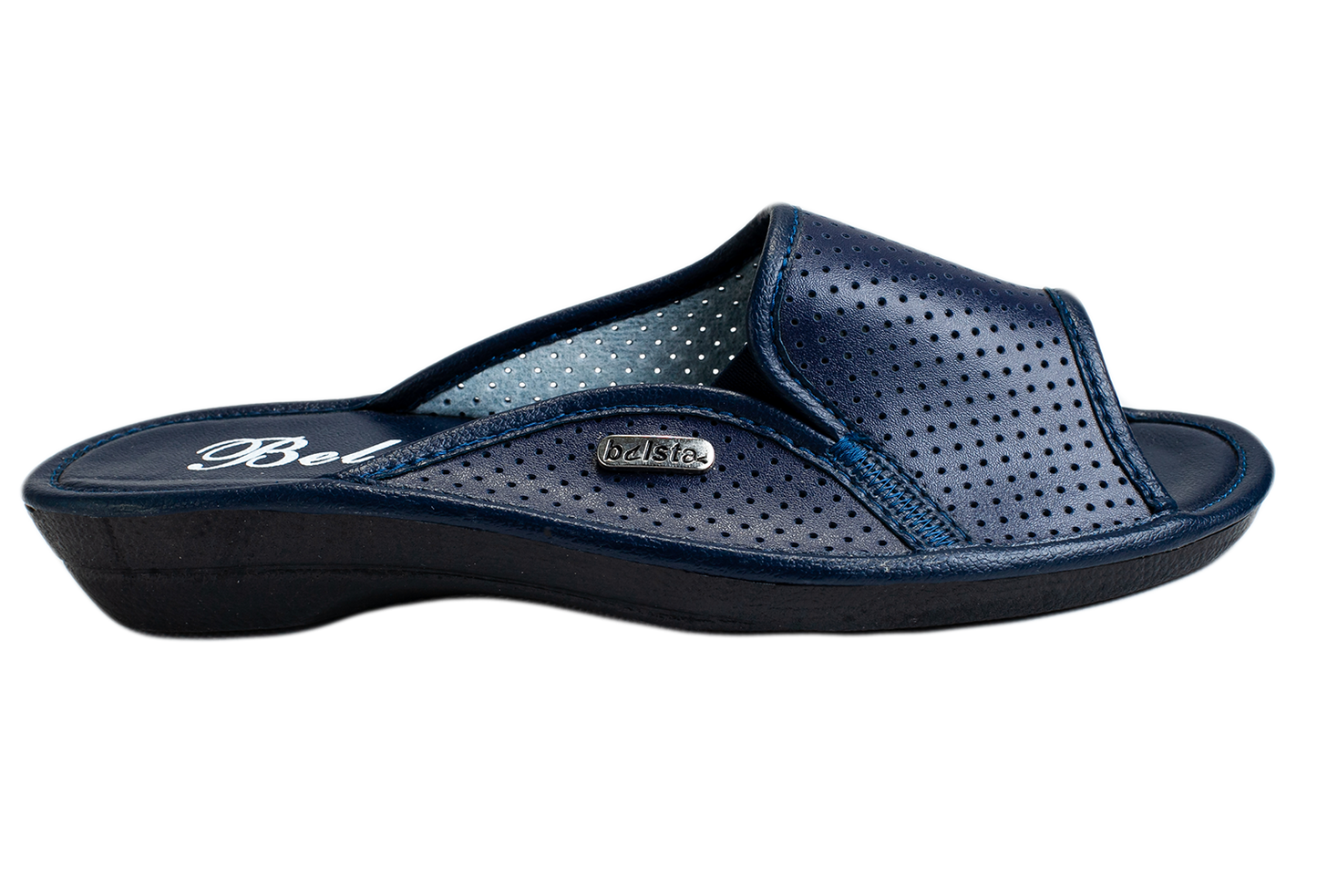 Дамски отворени пантофи BELSTA от перфорирана тъмносиня еко кожа/Women's Open Slippers BELSTA from Perforated Dark Blue Eco-Leather