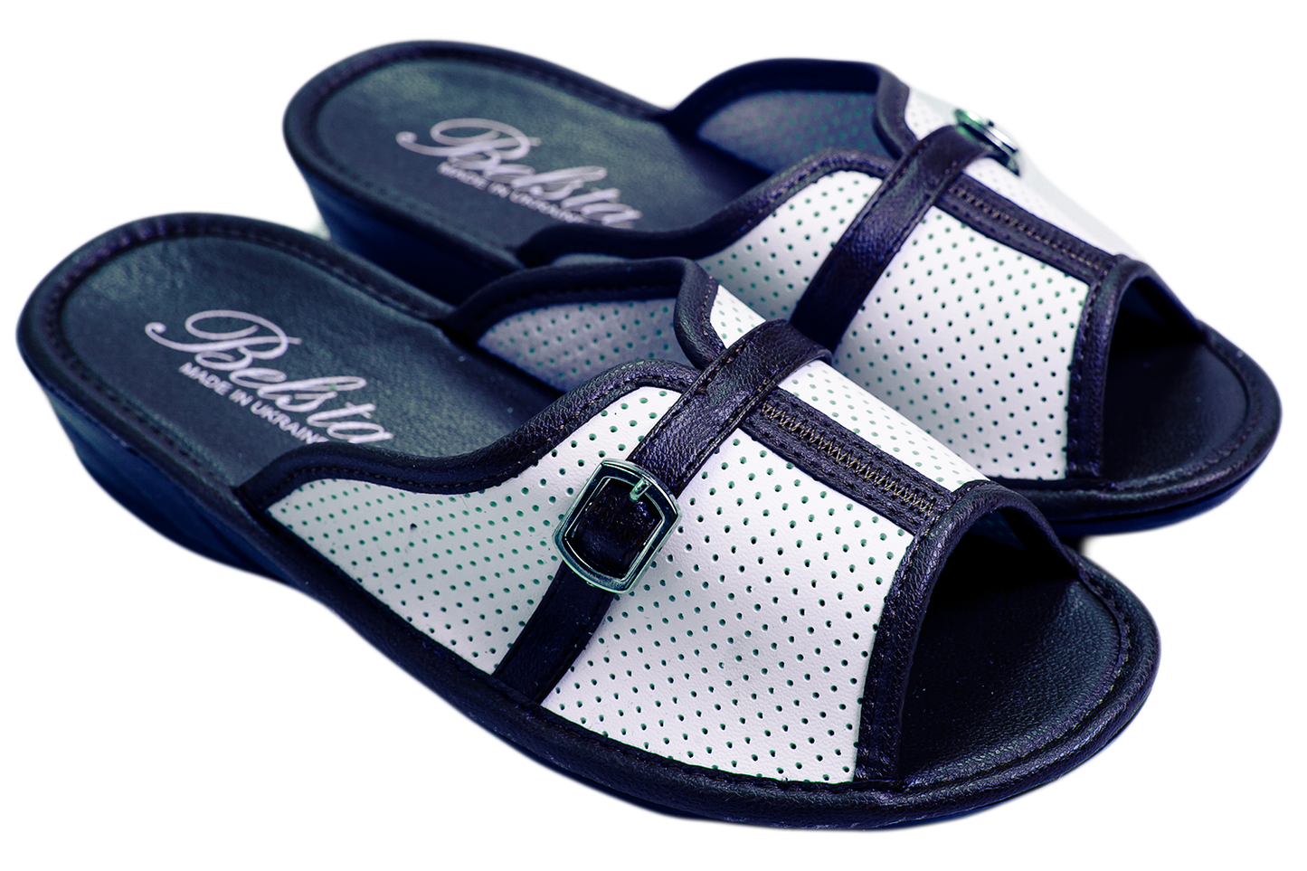 Дамски отворени пантофи BELSTA от перфорирана еко кожа с каишка и катарама/Women's Open Slippers BELSTA from Perforated Eco Leather with Strap and Buckle
