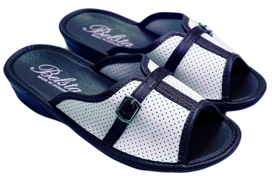 Дамски отворени пантофи BELSTA от перфорирана еко кожа с каишка и катарама/Women's Open Slippers BELSTA from Perforated Eco Leather with Strap and Buckle