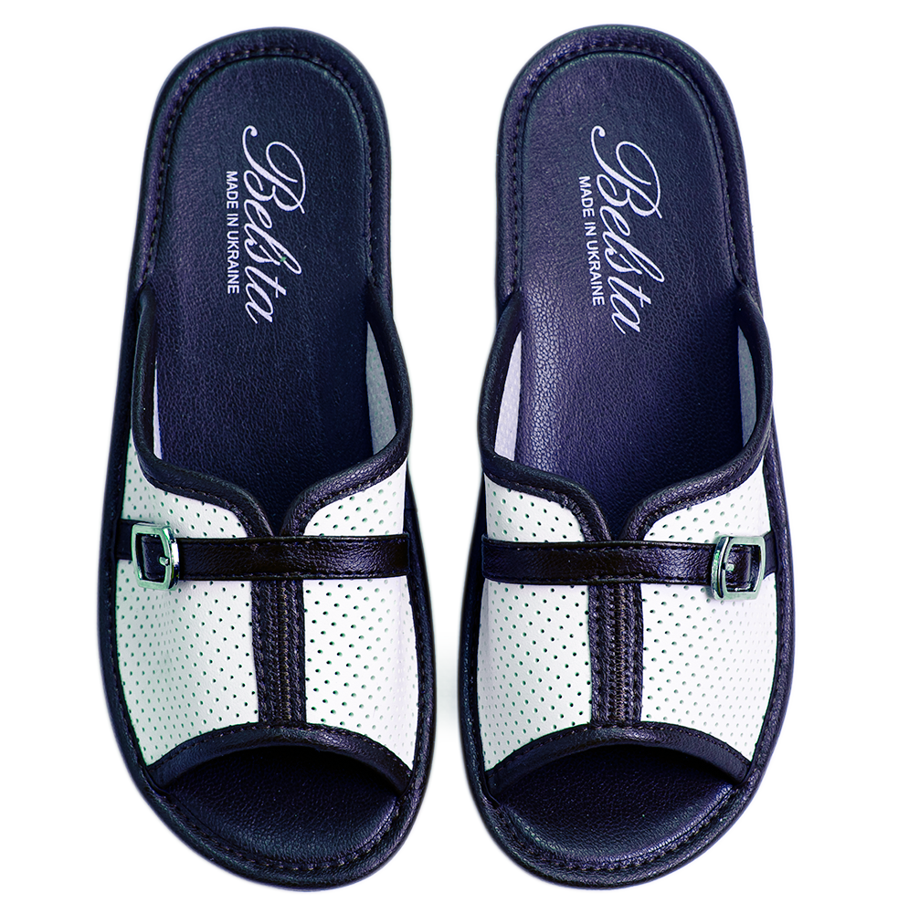 Дамски отворени пантофи BELSTA от перфорирана еко кожа с каишка и катарама/Women's Open Slippers BELSTA from Perforated Eco Leather with Strap and Buckle