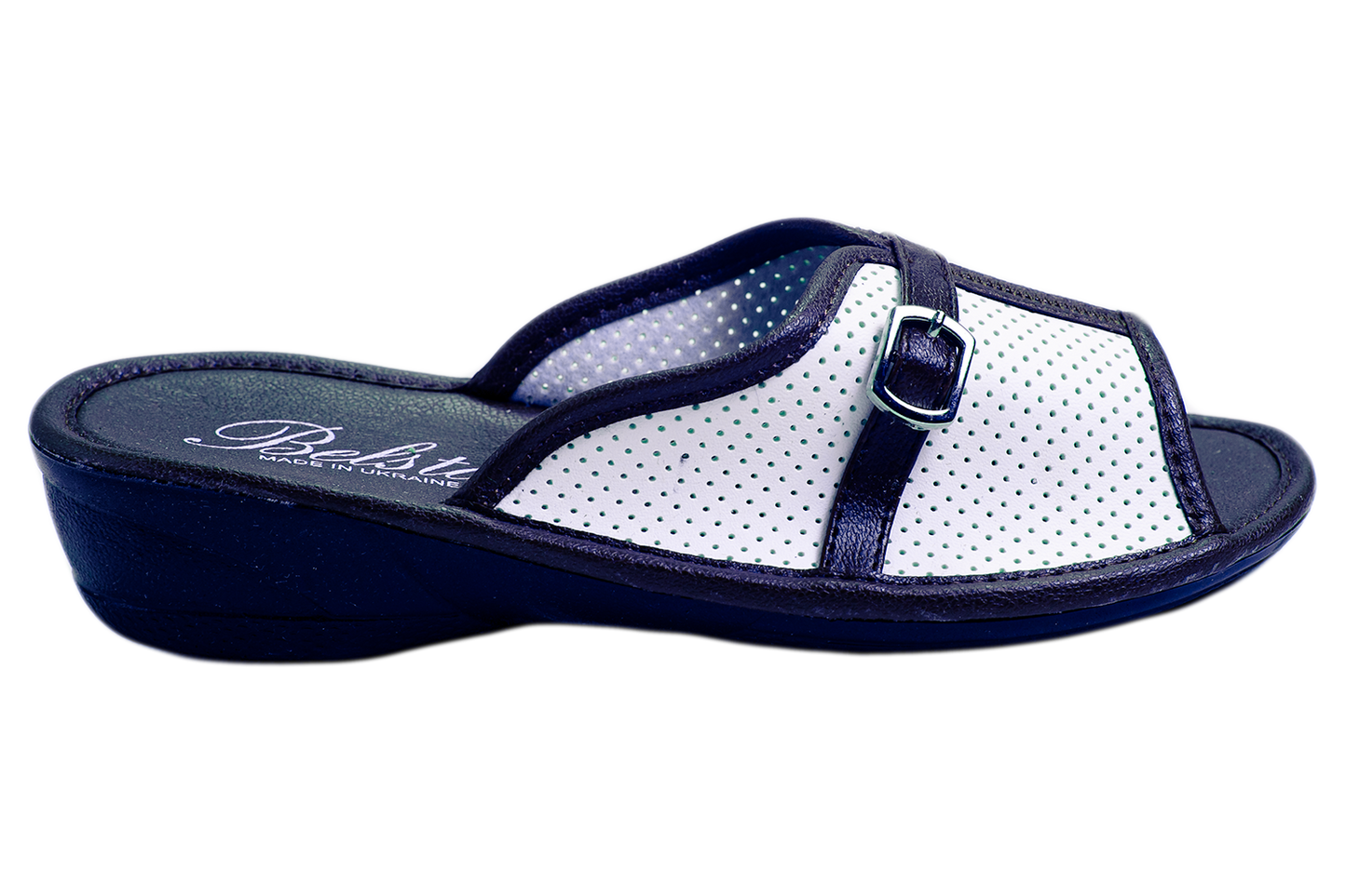 Дамски отворени пантофи BELSTA от перфорирана еко кожа с каишка и катарама/Women's Open Slippers BELSTA from Perforated Eco Leather with Strap and Buckle