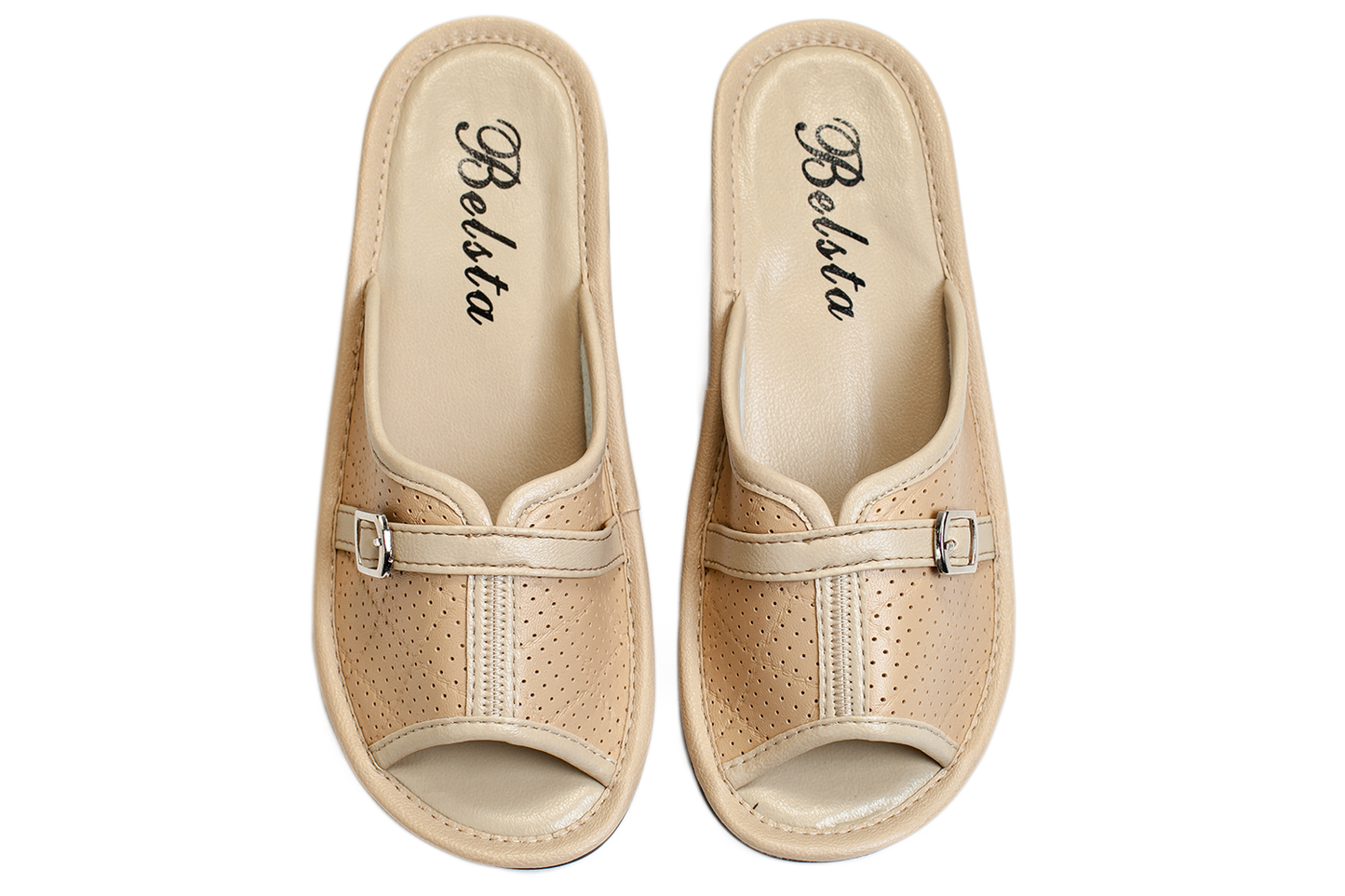 Дамски отворени пантофи BELSTA от перфорирана еко кожа с каишка и катарама/Women's Open Slippers BELSTA from Perforated Eco Leather with Strap and Buckle