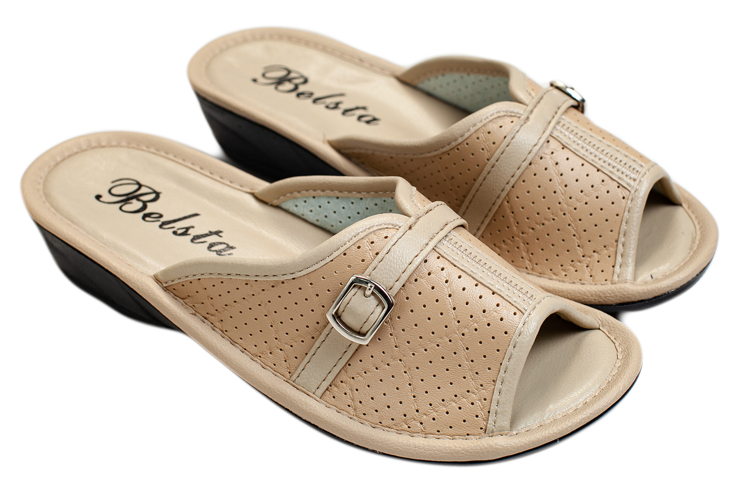 Дамски отворени пантофи BELSTA от перфорирана еко кожа с каишка и катарама/Women's Open Slippers BELSTA from Perforated Eco Leather with Strap and Buckle
