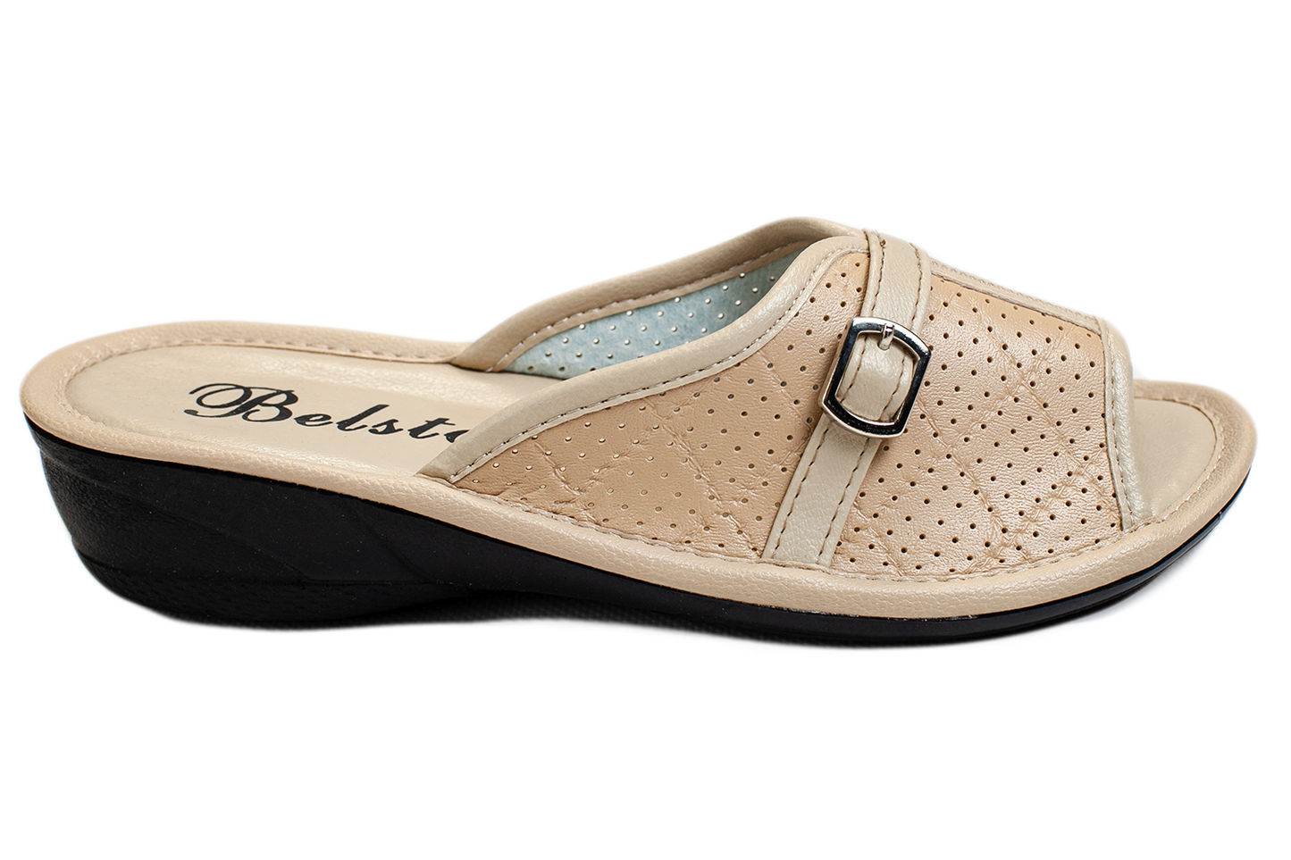 Дамски отворени пантофи BELSTA от перфорирана еко кожа с каишка и катарама/Women's Open Slippers BELSTA from Perforated Eco Leather with Strap and Buckle