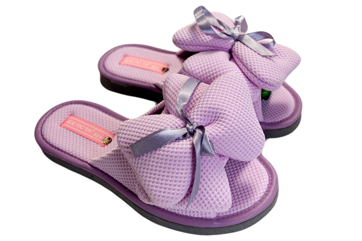 Дамски отворени пантофи BELSTA от текстил с обемен текстилен панделка/Women's Open Slippers BELSTA from Textile with a Large Textile Bow