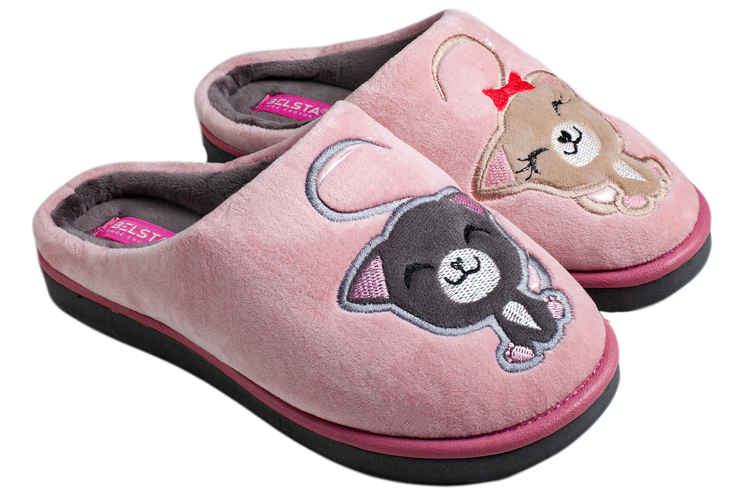 Женски затворени пантофи BELSTA от розов велур с бродерия/Women’s Closed Pink Velvet BELSTA Slippers with Kitten Embroidery