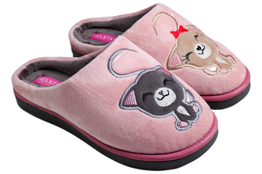 Женски затворени пантофи BELSTA от розов велур с бродерия/Women’s Closed Pink Velvet BELSTA Slippers with Kitten Embroidery
