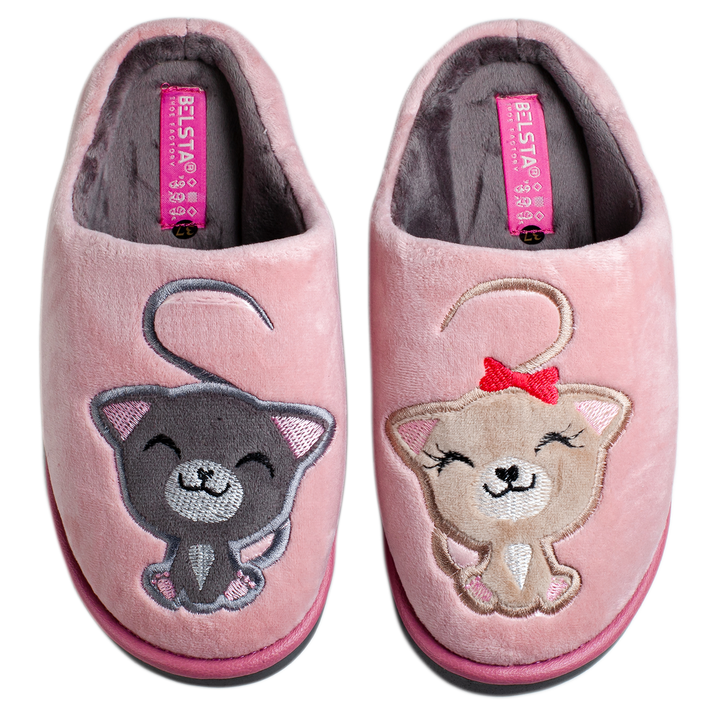 Женски затворени пантофи BELSTA от розов велур с бродерия/Women’s Closed Pink Velvet BELSTA Slippers with Kitten Embroidery