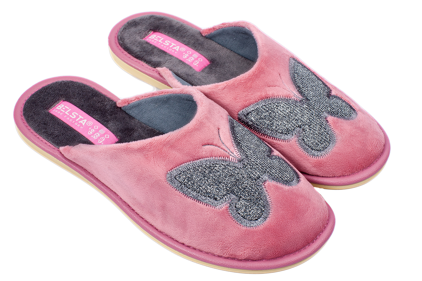 Дамски чехли BELSTA от велур с бродерия на пеперуда/Women’s BELSTA Velvet Slippers with Butterfly Embroidery