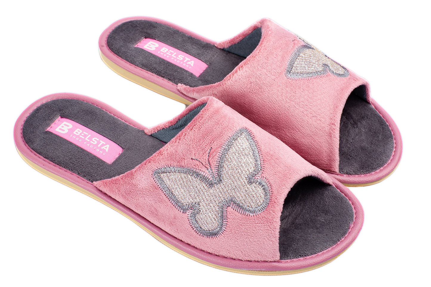 Дамски отворени чехли BELSTA от велур с бродерия на пеперуда/Women’s Open Slippers BELSTA from Velour with Butterfly Embroidery