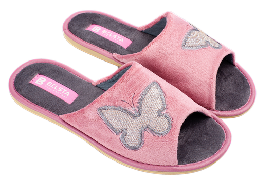 Дамски отворени чехли BELSTA от велур с бродерия на пеперуда/Women’s Open Slippers BELSTA from Velour with Butterfly Embroidery